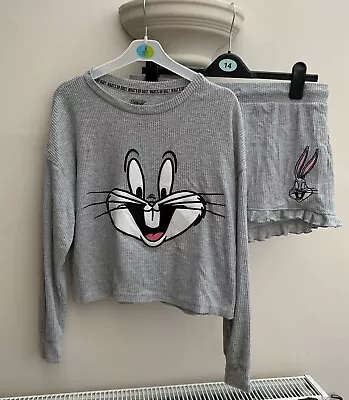 Buy Women’s Primark Grey Bugs Bunny Pj’s Long Sleeve Short Set Size M 12-14 • 7.99£