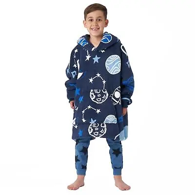 Buy Dreamscene Space Print Hoodie Blanket Soft Fleece Oversized Kids Throw - Navy • 10.99£