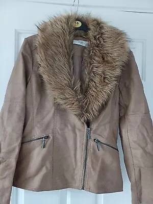 Buy Size 12P Wallis Faux Leather Tan Jacket With Detatchable Collar & Fully Lined • 6.50£