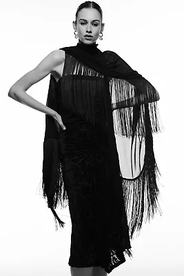 Buy Zara Black Chiffon Cape With Fringing Tasselled Flowing Sheer Maxi Kimono Jacket • 38.69£