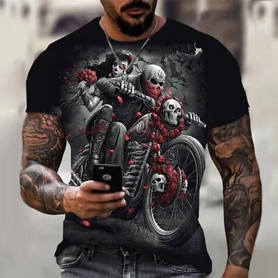 Buy T Shirt Mens Black T Shirt Skeleton Motorcycle Love Large • 9.99£