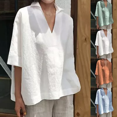 Buy Women V Neck Baggy Tunic Tops Blouse Ladies Solid Casual Loose Plain T Shirt • 9.79£