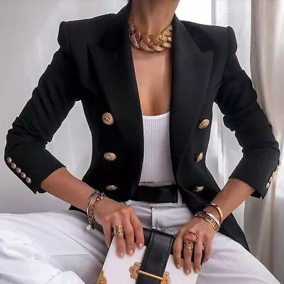 Buy Womens Double Breasted Front Military Style Blazer Ladies Button Formal Jacket • 18.49£