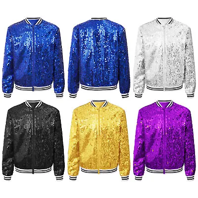 Buy Girls Sequin Baseball Jacket Long Sleeve Zipper Bomber Jacket Glitter Disco Coat • 13.56£