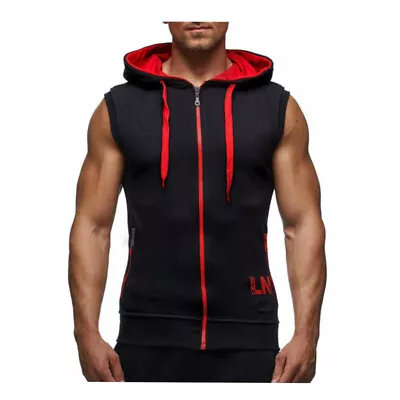 Buy Men's Sleeveless Vest With Contrasting Color Hooded Zipper For Summer Hoodies • 17.59£