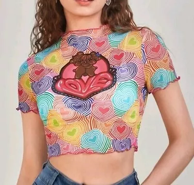 Buy Womens Size 12-14 Mesh Love Heart Bear Crop Top T-Shirt New L Sheer Y2K Retro • 8.95£