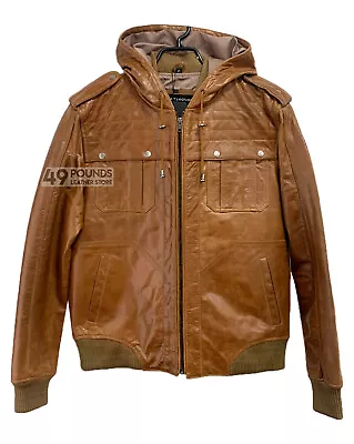 Buy Men's Bomber Hooded Leather Jacket Tan Cow Glaze Quilted Biker Retro Style 648 • 41.65£