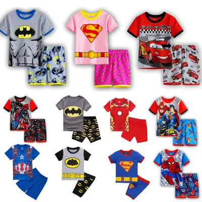 Buy Kids Boys Superhero Print Pyjamas Set Short Sleeve Tops Shorts Pajamas Nightwear • 11.57£