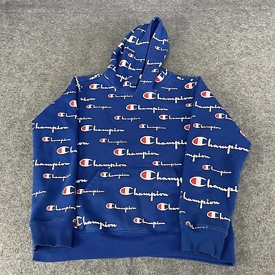 Buy CHAMPION Hoodie Boys Large Blue Spell Out Logo Pullover Jumper Youth (9405) • 6£
