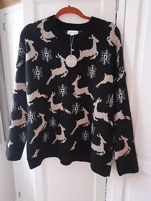 Buy BNWT Size 14 Apricot Black & Brown Reindeer And Snowflakes Jumper Christmas • 6.50£