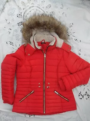 Buy F&F  New, Bright Red Puffer Jacket Fleece Upper Lining And Faux Fur Hood Size 14 • 13.50£