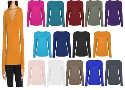 Buy Ladies Womens V Neck Long Sleeve Plain Slim Fit Basic Top Stretchy T-Shirt 8-26 • 5.89£