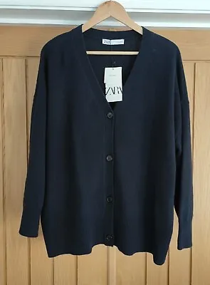 Buy ZARA 100% Merino Wool V Neck Relaxed Fit Knit Cardigan Sweater S L Navy Blue • 44.10£