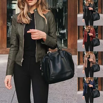 Buy Women's Biker Jacket With Full Zip Slim Fit Faux Leather Coat Plus Size • 16.04£