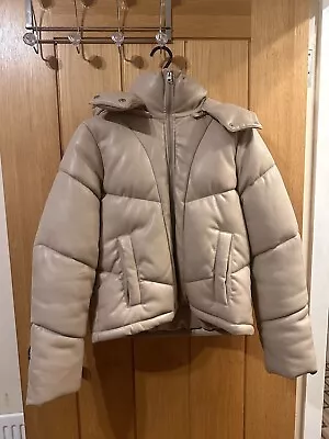 Buy Abercrombie & Fitch Puffer Jacket Vegan Leather Medium Beige Coat Jacket Hooded • 22.49£