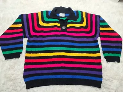Buy VENEZIA Striped 80s Button Up XL Sweater Black Shoulder Pads Vintage Collar • 24.08£