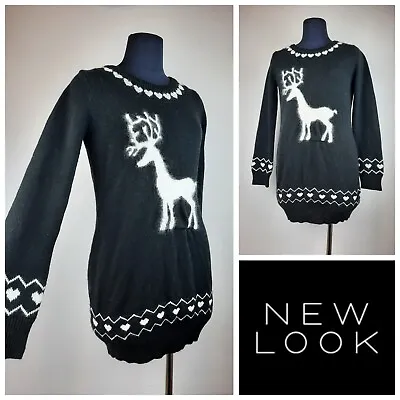 Buy Womens Size 8-10 Christmas Knitted Jumper Dress Angora Wool New Look Black White • 10.99£