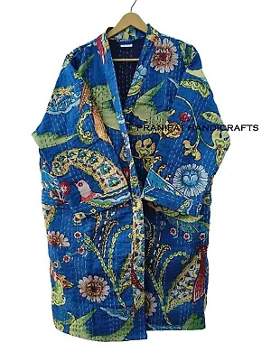 Buy Indian Peacock Print Blue Kantha Quilt Jacket Gypsy Front Open Wear Mid-length • 44.75£