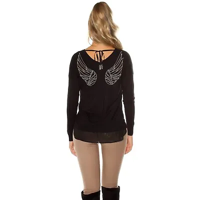 Buy Sexy Black Jumper S M Long Sleeve Chiffon Hem Gold Embroidered Wings Tie Soft • 19.95£