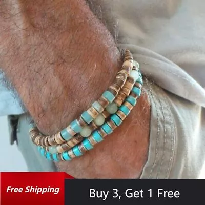 Buy Bohemian Mens Beaded Bracelets Turquoise Wood Bracelets Boho Men Jewellery Gifts • 3.89£