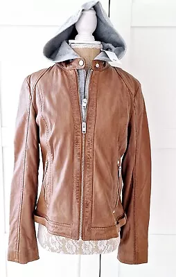 Buy Ladies Tan Grey Leather Biker Hoodie Jacket By AJC Size 12 BNWT • 69.99£