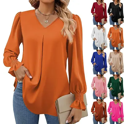 Buy Womens V Neck Plain T Shirt Blouse Ladies Long Sleeve Casual Loose Pullover Tops • 11.19£