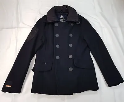 Buy Superdry Size S / M Mens Black Wool Blend Double Brested Pea Coat Winter Jacket • 42.99£