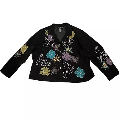 Buy Vtg Indigo Moon Women’s Jacket 3X Black Appliqué Floral Loud Funky Art To Wear • 32.12£