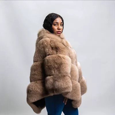Buy Women Real Fox Fur Cape Fur Shawl Fur Poncho Coat Warm Outerwear Thick Cape Coat • 683.20£