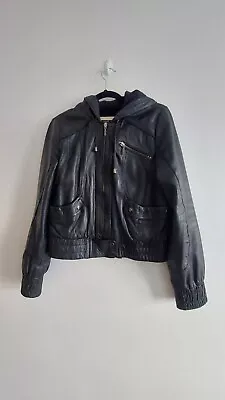 Buy TOPSHOP Black Soft Leather Ladies Hooded Short Jacket UK Size 10 • 29£