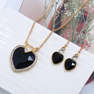 Buy Red Rhinestones Love Heart Pendant Gold Necklace Earrings Set Costume Jewellery • 5.49£