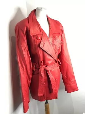 Buy VTG 80s Oversize Pink Red Leather Jacket M VGC Belted Double Breasted RARE • 51.15£