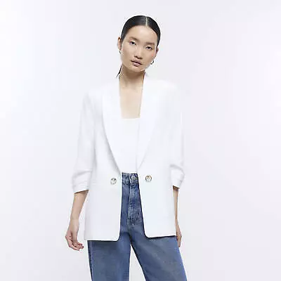 Buy River Island Womens Blazer White Ruched 3/4 Sleeve Collared Neck Jacket • 24£