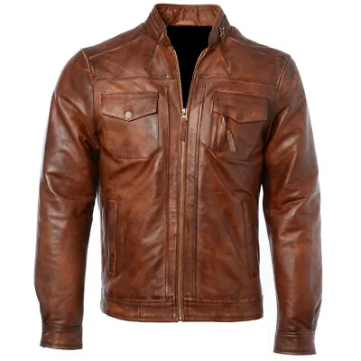 Buy Men's Cafe Racer Genuine Real Leather Brown Slim Fit Motorcycle Biker Jacket • 29.99£