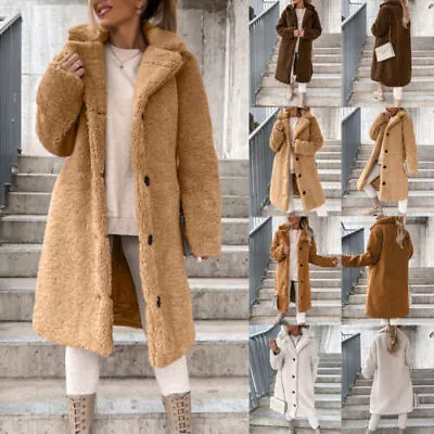Buy Womens Teddy Bear Fleece Trench Coat Ladies Warm Winter Fluffy Jacket Overcoat • 3.79£