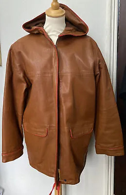 Buy TRUSSARDI Vintage 1990s Ladies Tan Brown Hooded Leather Oversized Jacket Coat 40 • 35£