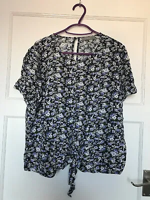 Buy OASIS Blue Floral Short Sleeve Tie Front T Shirt Top UK Size 16 Keyhole Back • 6.95£