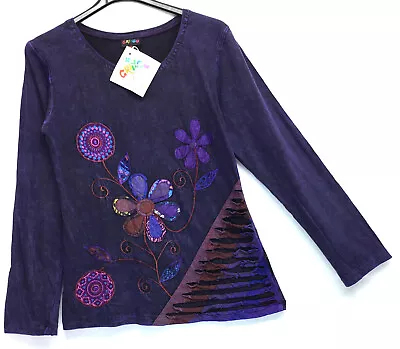 Buy Fairtrade Purple Cotton Jersey Long Sleeved Top Flower Applique Razor Slash M/l • 30£