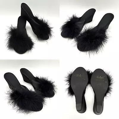 Buy Vintage 60s Madye's Black Satin Feathered Peep Toe Wedge Slippers Medium 6.5-7.5 • 30.24£