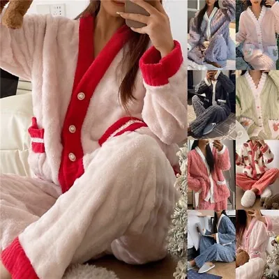 Buy Ladies Fleece Pyjamas Winter Warm Women PJ'S Nightwear Cardigan Pajamas Warmer(: • 14.12£