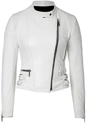 Buy Women Fashion Faux Leather Jacket White Sine Pulp Grain Sheepskin • 97.16£