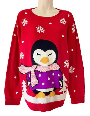 Buy F&F Penguin Christmas Jumper - Size 18 - Red Snowflake Fluffy Eyelash Xmas Plus • 15.95£