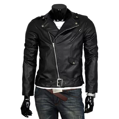 Buy PU Leather Side Seaming Pocket  Fit Motorcycle Jacket Zipper Casual Coat Black • 20.46£