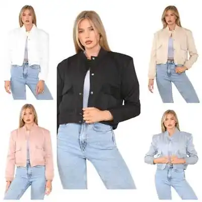 Buy Ladies Women Long Sleeve Button Up Short Varsity Cropped Bomber Jacket Coat Top • 24.99£