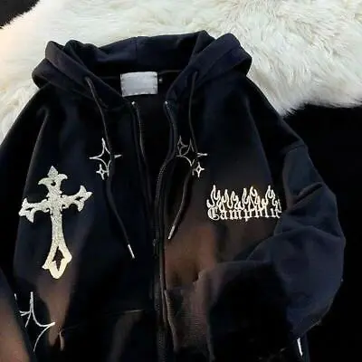 Buy Y2k Oversized Hoodies Retro Hip Hop Jacket Gothic Embroidery Zip Up Sweatshirt • 21.77£