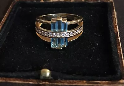 Buy Vintage Style Jewellery Blue Topaz And White Crystal Ring 14K Gold Plated • 6.99£