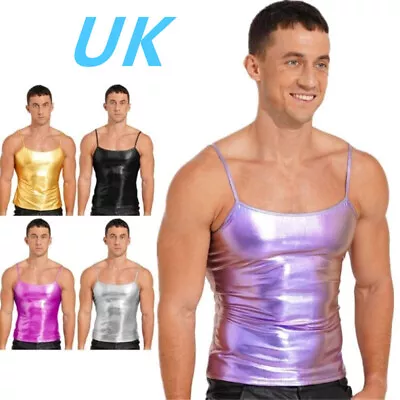 Buy UK Men Shiny Metallic Spaghetti Straps Vest Top Patent Leather Tank Top Camisole • 8.49£