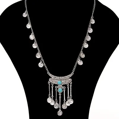 Buy Women Silver Drop Blue Stone Choker Boho Jewelry Gypsy Bohemian Necklace • 4.99£