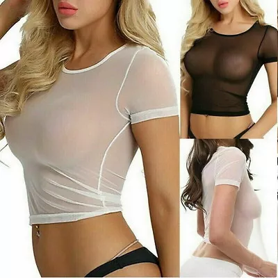 Buy Women Sexy Sheer Mesh Crop Top Ladies T Shirt Blouse Tee Bustier Corset Clubwear • 6.39£