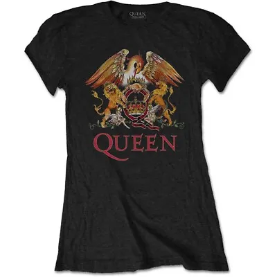 Buy Official Queen Classic Crest Ladies Black T Shirt Queen Freddie Mercury Tee  • 14.50£